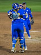 May 11 2024 Palo Alto CA U.S.A. UCLA starting pitcher/relief pitcher Taylor Tinsley (23)celebrates a championship win with catcher Sharlize Palacios (13) during the NCAA Pac 12 Softball Tournament Championship between UCLA Bruins and the Utah Utes. UCLA beat Utah 2-1 at Boyd & Jill Smith Family Stadium Palo Alto Calif. Thurman James /CSM (Credit Image: Â Thurman James/Cal Sport Media