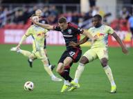 May 15, 2024: D.C. United Defender (97) Christopher McVey keeps the ball away from New York Red Bulls Forward (11) Elias Manoel during an MLS soccer match between the D.C. United and the New York Red Bulls at Audi Field in Washington DC. Justin Cooper\/CSM (Credit Image: Â Justin Cooper\/Cal Sport Media