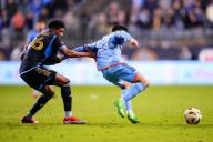 May 15, 2024: New York City FC Midfielder Agustin Ojeda (26) and Philadelphia Union Defender Nathan Harriel (26) battle for the ball during the second half of an MLS match at Subaru Park in Chester, Pennsylvania. Kyle Rodden/CSM (Credit Image: Â Kyle Rodden/Cal Sport Media