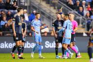 May 15, 2024: Philadelphia Union Defender Jack Elliott (3) is shown a yellow card during the second half of an MLS match against the New York City FC at Subaru Park in Chester, Pennsylvania. Kyle Rodden/CSM (Credit Image: Â Kyle Rodden/Cal Sport Media