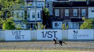May 16, 2024, Baltimore, Md, USA: Just Steel exercises during morning workouts at Pimlico Race Course as horses exercise for Preakness Week stakes races in Baltimore, Maryland on May 16, 2024. Scott Serio//Eclipse Sportswire/CSM(Credit Image: Scott Serio/Cal Sport Media