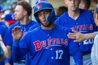 May 16th, 2024: Buffalo Bisons infielder Leo Jimenez (17) celebrates a run against the Rochester Red Wings. The Rochester Red Wings hosted the Buffalo Bisons in an International League game at Innovative Field in Rochester, New York. (Jonathan Tenca/CSM) (Credit Image: Â Jonathan Tenca/Cal Sport Media