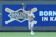 May 17, 2024: Oakland Athletics outfielder JJ Bleday (33) catches a fly ball for an out against the Kansas City Royals during the second inning at Kauffman Stadium in Kansas City, MO. David Smith/CSM (Credit Image: Â David Smith/Cal Sport Media