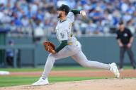 May 17, 2024: Oakland Athletics starting pitcher Mitch Spence (40) delivers a pitch against the Kansas City Royals during the first inning at Kauffman Stadium in Kansas City, MO. David Smith/CSM (Credit Image: Â David Smith/Cal Sport Media