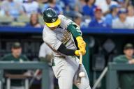 May 17, 2024: Oakland Athletics designated hitter Brent Rooker (25) flies out during the seventh inning of game against the Kansas City Royals at Kauffman Stadium in Kansas City, MO. David Smith/CSM (Credit Image: Â David Smith/Cal Sport Media