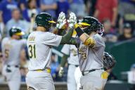 May 17, 2024: Oakland Athletics catcher Shea Langeliers (23) celebrates his ninth inning home run against the Kansas City Royals with Oakland Athletics outfielder Abraham Toro (31) at Kauffman Stadium in Kansas City, MO. David Smith\/CSM (Credit Image: Â David Smith\/Cal Sport Media