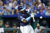 May 17, 2024: Kansas City Royals catcher Salvador Perez (13) hits a double against the Oakland Athletics in the seventh inning at Kauffman Stadium in Kansas City, MO. David Smith\/CSM (Credit Image: Â David Smith\/Cal Sport Media
