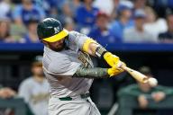 May 17, 2024: Oakland Athletics catcher Shea Langeliers (23) fouls the ball away during the seventh inning against the Kansas City Royals at Kauffman Stadium in Kansas City, MO. David Smith/CSM (Credit Image: Â David Smith/Cal Sport Media