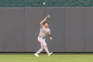 May 17, 2024: Oakland Athletics outfielder JJ Bleday (33) catches a fly ball for an out against the Kansas City Royals during the sixth inning at Kauffman Stadium in Kansas City, MO. David Smith/CSM (Credit Image: Â David Smith/Cal Sport Media