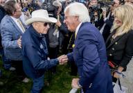 May 18, 2024, Baltimore, Md, USA: Bob Baffert congratulates trainer D. Wayne Lukas after Seize the Grey, ridden by Jaime Torres, wins the Preakness Stakes (Grade 1) at Pimlico Race Course in Baltimore, MD on May 18, 2024.on Preakness Stakes Day at Pimlico Race Course in Baltimore, Maryland on May 18, 2024. Scott Serio\/Eclipse Sportswire\/CSM(Credit Image: Scott Serio\/Cal Sport Media