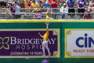 May 18, 2024: LSU outfielder Josh Pearson (11) makes a leaping catch at the wall during NCAA Baseball action between the Ole Miss Rebels and the LSU Tigers at Alex Box Stadium, Skip Bertman Field in Baton Rouge, LA. Jonathan Mailhes/CSM (Credit Image: Â Jonathan Mailhes/Cal Sport Media