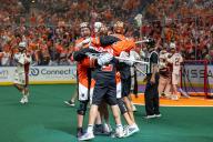 May 18th, 2024: Buffalo Bandits players celebrate a goal in the second quarter against the Albany Firewolves. The Buffalo Bandits hosted the Albany Firewolves in Game 2 of the National Lacrosse League Finals at KeyBank Center in Buffalo, New York. (Jonathan Tenca/CSM) (Credit Image: Â Jonathan Tenca/Cal Sport Media