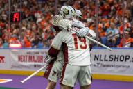 May 18th, 2024: Albany Firewolves players celebrate a goal in the first quarter against the Buffalo Bandits. The Buffalo Bandits hosted the Albany Firewolves in Game 2 of the National Lacrosse League Finals at KeyBank Center in Buffalo, New York. (Jonathan Tenca/CSM) (Credit Image: Â Jonathan Tenca/Cal Sport Media
