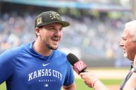 MAY 19, 2024: Kansas City Royals first base Vinnie Pasquantino (9) is selected as player of the game after coming off the bench and hitting a 3rbi triple at Kauffman Stadium Kansas City, Missouri. Jon Robichaud/CSM. (Credit Image: Â Jon Robichaud/Cal Sport Media