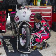 June 01, 2024: 20 year-old Royal Enfield rider #1 Mikayla Moore works on her motorcycle during the MotoAmerica Royal Enfield Build. Train. Race. event at Road America in Elkhart Lake, WI - Mike Wulf/CSM (Credit Image: Mike Wulf/Cal Sport Media