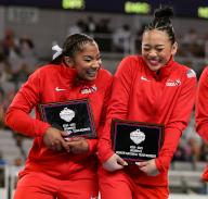 June 2, 2024: Jordan Chiles and Sunisa Lee share a laugh during the awards ceremony of the senior women
