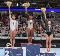 June 2, 2024: Simone Biles, Skye Blakely, and Kayla Dicello pose as the top 3 all round winners of the senior women