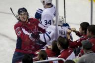 October 17, 2017: Washington Capitals right wing T.J. Oshie (77) checks Toronto Maple Leafs defenseman Morgan Rielly (44) during the game between Toronto Maple Leafs and Washington Capitals at Capital One Arena in Washington, District of Columbia. ...