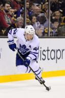 November 11, 2017: Toronto Maple Leafs defenseman Morgan Rielly (44) in game action during the NHL game between the Toronto Maple Leafs and the Boston Bruins held at TD Garden, in Boston, Mass. Toronto defeats Boston 4-1 in regulation time. Eric ...