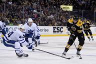 February 3, 2018: Toronto Maple Leafs defenseman Morgan Rielly (44) tries to block the shot of Boston Bruins center Tim Schaller (59) during the NHL game between the Toronto Maple Leafs and the Boston Bruins held at TD Garden, in Boston, Mass. The Bruins defeat the Maple Leafs 4-1. Eric Canha/