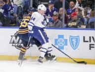 March 5, 2018: Toronto Maple Leafs defenseman Morgan Rielly (44) battles with Buffalo Sabres defenseman Rasmus Ristolainen (55) for a loose puck during the first period of play in the NHL hockey game between the Toronto Maple Leafs and Buffalo Sabres at the KeyBank Center in Buffalo , N.Y. (Nicholas T. LoVerde/Cal Sport Media)