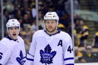 April 25, 2018: Toronto Maple Leafs defenseman Morgan Rielly (44) sports fresh stitches during game seven of the first round of the National Hockey League