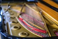Detail of the strings and frame inside a Steinway grand piano, showcasing craftsmanship