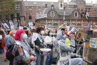 Pro-Palestinian students up a barricade protest against the ongoing conflict Israel and the Palestinian on the campus University of Amsterdam on May 8, 2023 in Amsterdam,Netherlands