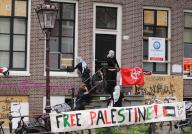 Pro-Palestinian students up a barricade protest against the ongoing conflict Israel and the Palestinian on the campus University of Amsterdam on May 8, 2023 in Amsterdam,Netherlands