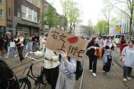 Students and supporters pro-Palestinian block the street in front of the University of Amsterdam to protest against the ongoing conflict Israel and the Palestinian on May 13,2024 in Amsterdam,Netherlands