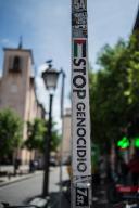Stop Genocide sticker in Madrid