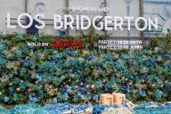 Decorators prepare the presentation of the Netflix series Bridgerton on Gran Via, Madrid