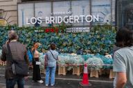 Decorators prepare the presentation of the Netflix series Bridgerton on Gran Via, Madrid