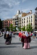 Mature dancers dance the traditional chotis during the San Isidro festivities in Madrid