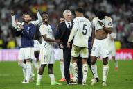 Real Madrid squad and Real Madrid head coach Carlo Ancelotti celebrate victory at full time of the La Liga match between Real Madrid and FC Barcelona played at Santiago Bernabeu Stadium on April 21 2024 in Madrid, Spain. (Photo by Cesar Cebolla / ALFAQUI