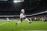Aurelien Tchouameni of Real Madrid celebrate at full time of the La Liga match between Real Madrid and FC Barcelona played at Santiago Bernabeu Stadium on April 21 2024 in Madrid, Spain. (Photo by Cesar Cebolla / ALFAQUI