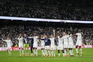Real Madrid squad celebrate victory at full time of the La Liga match between Real Madrid and FC Barcelona played at Santiago Bernabeu Stadium on April 21 2024 in Madrid, Spain. (Photo by Cesar Cebolla / ALFAQUI