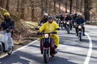 29 March 2024, Saxony, Sebnitz: Numerous people take a ride through the Eastern Ore Mountains on Good Friday on historic Simson mopeds. Photo: Frank Hammerschmidt\/dpa