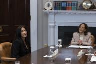 US media personality Kim Kardashian (L) attends an event on Second Chance Month with US Vice President Kamala Harris (R) in the Roosevelt Room of the White House in Washington, DC, USA, 25 April 2024. The White House issued a proclamation on Second Chance Month regarding efforts to give more than 650,000 people annually released from state and federal prisons in the United States a fair shot at the American Dream. Credit: Michael Reynolds / Pool via CNP