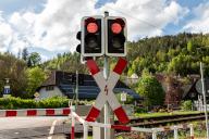 SYMBOL - 05 May 2024, Baden-Württemberg, Rottweil: A St. Andrew\'s cross with a lightning bolt and red traffic lights at a level crossing in Talhausen near Epfendorf. Photo: Silas Stein\/dpa