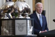 United States President Joe Biden presents the Commander-in-Chiefâ\u0080\u0099s Trophy to the United States Military Academy Army Black Knights at the White House in Washington, DC, May 6, 2024. Credit: Chris Kleponis \/ CNP