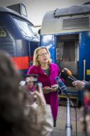 Svenja Schulze (SPD), Federal Minister for Economic Cooperation and Development, photographed during her trip to Ukraine. Here at a press statement after her arrival at the train station in Kiev. \'Photographed on behalf of the Federal Ministry for Economic Cooperation and Development