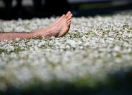 10 May 2024, Hesse, Frankfurt/Main: Surrounded by lots of daisies, a man sunbathes on the banks of the Main in Frankfurt in beautiful spring weather. Photo: Arne Dedert/dpa