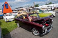 10 May 2024, Mecklenburg-Western Pomerania, Anklam: Trabant brand vehicles can be seen at the 29th International Trabi Meeting. The two-stroke vehicles built in the GDR will be rattling around the airfield in Anklam until 12.05.2024. Over 600 vehicles from all over Germany and Poland are registered for the meeting. The Trabbi Buggy Club is the organizer of the annual meeting, which is run solely by volunteers. Photo: Stefan Sauer/dpa