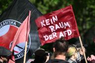 12 May 2024, Berlin: "No room for the AfD" is written on a banner during a demonstration under the slogan "All together against fascism! No room for the AfD!" by left-wing groups against the new AfD federal office on a banner. Photo: Sebastian Christoph Gollnow/dpa