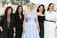 Ebru Ceylan, Nadine Labaki, Greta Gerwig, Eva Green and Lily Gladstone pose at the jury photocall during the 77th Cannes Film Festival at Palais des Festivals in Cannes, France, on 14 May 2024