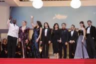 Omar Sy, Greta Gerwig, Lily Gladstone, Nadine Labaki, Hirokazu Kore-eda, Ebru Ceylan, Juan Antonio Bayona, Eva Green and Pierfrancesco Favino attend the premiere of \'Le Deuxieme Acte ("The Second Act")\' and opening ceremony of the 77th Cannes Film Festival at Palais des Festivals in Cannes, France, on 14 May 2024