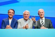 15 May 2024, Baden-Württemberg, Mannheim: Hasso Plattner (M), former Chairman of the Supervisory Board of the software group SAP, Christian Klein (l), CEO of SAP, and Pekka Ala-Pietilä, designated Chairman of the Supervisory Board of SAP, stand on the stage at the Annual General Meeting of the software group. Among other things, the successor to the retiring Chairman of the Supervisory Board Plattner will be elected at the Annual General Meeting. Photo: Uwe Anspach/dpa