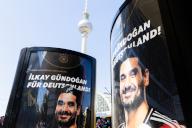 15 May 2024, Berlin: Remote-controlled moving billboards reading "Our captain at the home European Championships, Ilkay Gündogan for Germany" can be seen on Alexanderplatz in front of the TV tower. Photo: Christoph Soeder/dpa