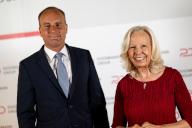 15 May 2024, Berlin: Catherine von Fürstenberg-Dussmann, Chairwoman of the Board of Trustees of the Peter Dussmann Foundation, and Wolf-Dieter Adlhoch, CEO of the Dussmann Group, take part in the annual press conference of the Dussmann Group at Dussman House. Photo: Fabian Sommer/dpa